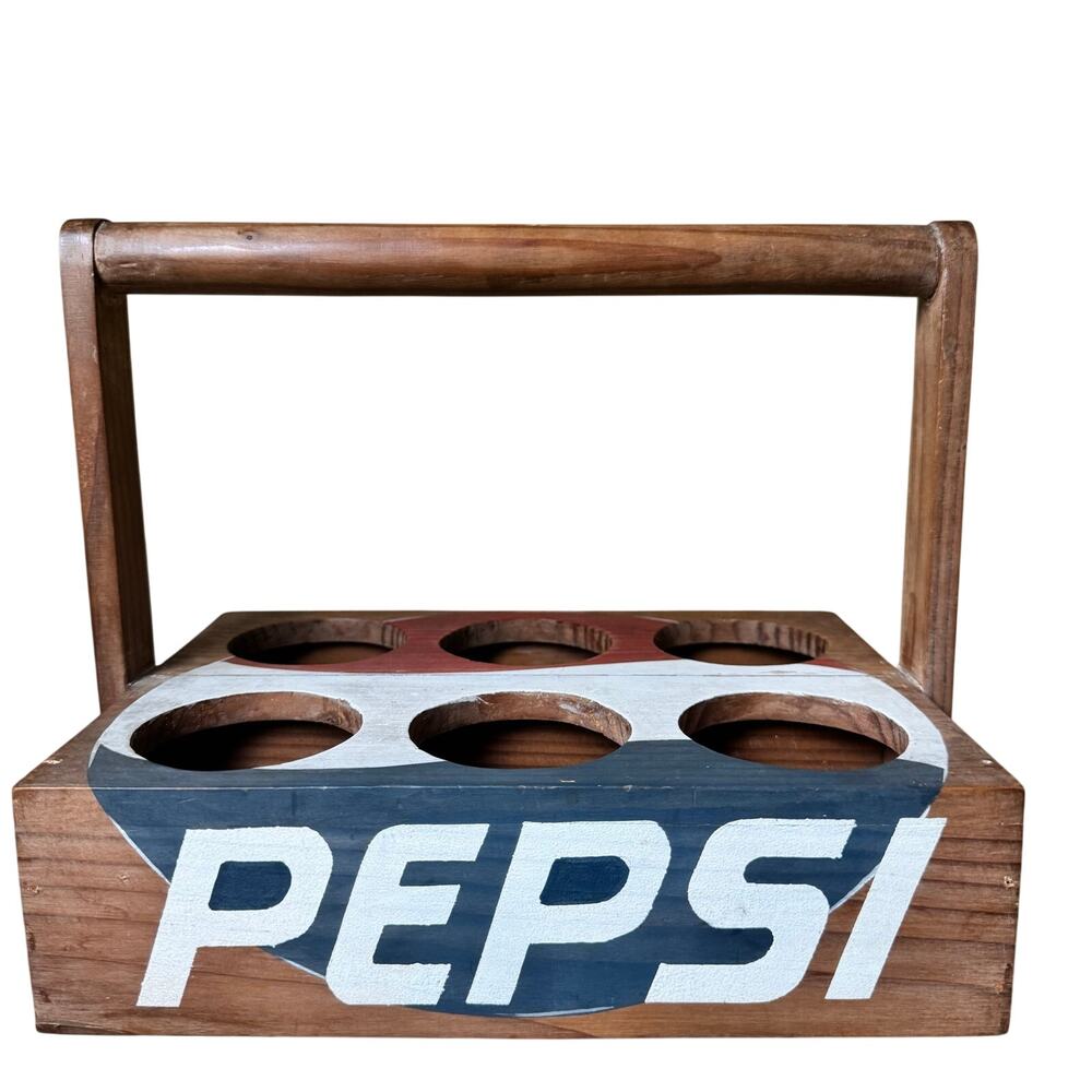 Vintage style Pepsi Wooden 6 Bottle Carrier Crate Caddy Rustic Soda Display USA